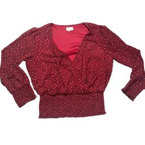 Meraki smocked hem V NECK RED  blouse